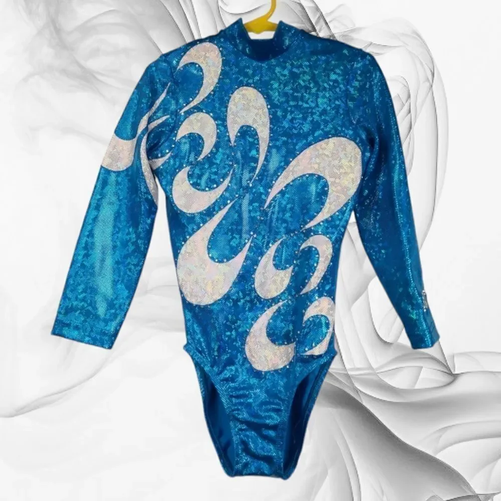 Turquoise Sparkle Gymnastics Leotard Holographic Rhinestone Long Sleeve Girl CLA